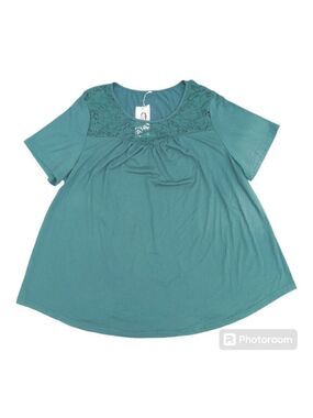 Vislily Green Short Sleeve Peasant Top with Lace Accent, Round Neckline Size 20W